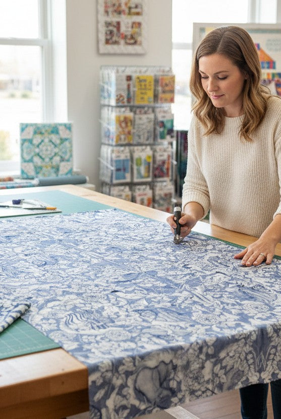 Carmon's Quilt Shop Mythic Forest blue cotton quilt fabric with animal and floral patterns being cut by a woman.