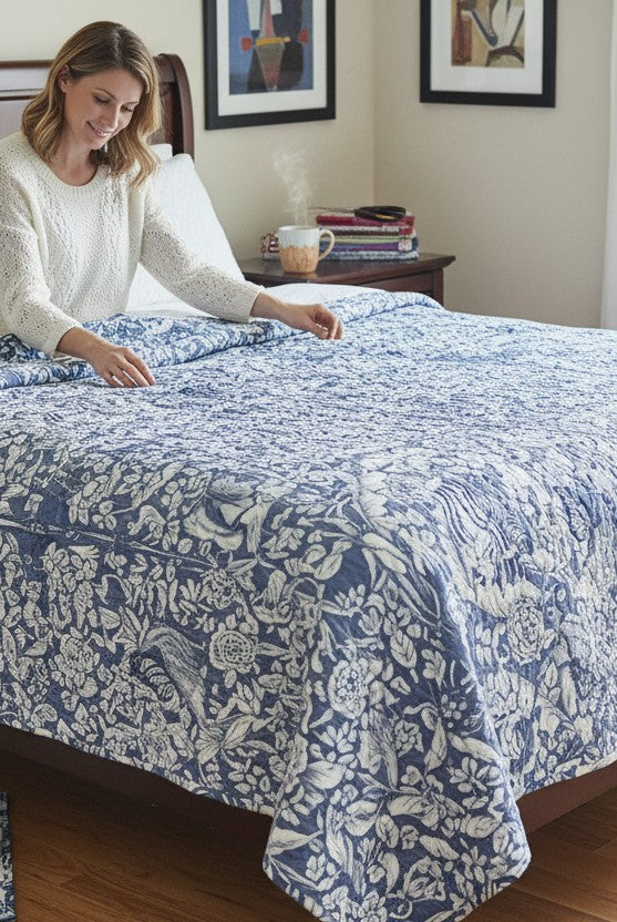 Woman sitting on a bed covered with Carmon's Quilt Shop Mythic Forest blue floral and animal print cotton quilt fabric