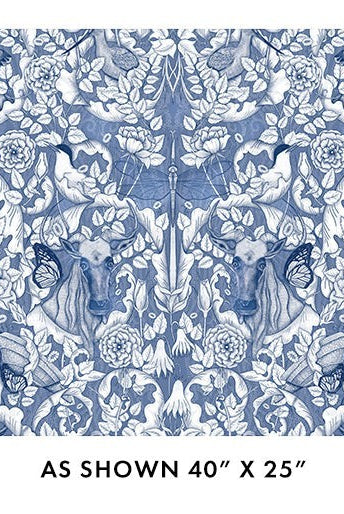 Carmon's Quilt Shop Mythic Forest blue 100% cotton fabric with intricate animal and floral pattern for quilting