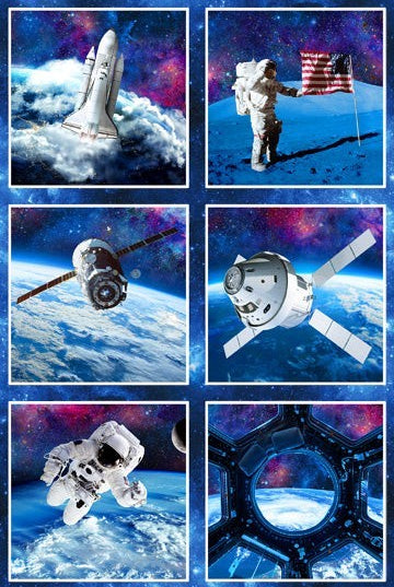Carmon's Quilt Shop Space Odyssey Hopscotch NASA quilt fabric panel featuring space shuttles, astronauts, and planets.