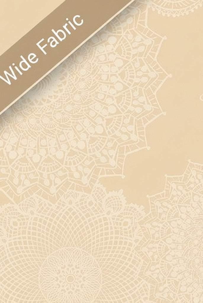 Carmon's Quilt Shop Dancing Doilies natural 108-inch wide backing fabric with elegant lace-inspired circular patterns.