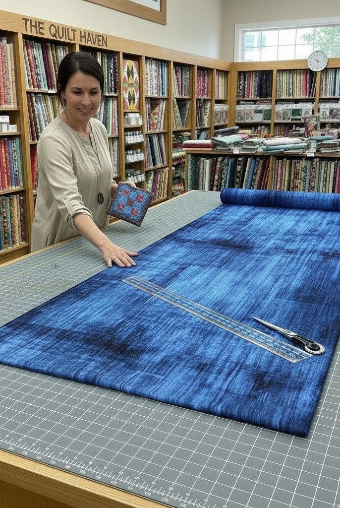 Carmon's Quilt Shop employee displaying navy blue wood-textured cotton quilting fabric on a large cutting table.