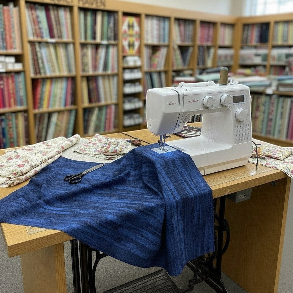 Carmon's Quilt Shop navy wood-textured cotton fabric being sewn on a machine in a fabric store setting.