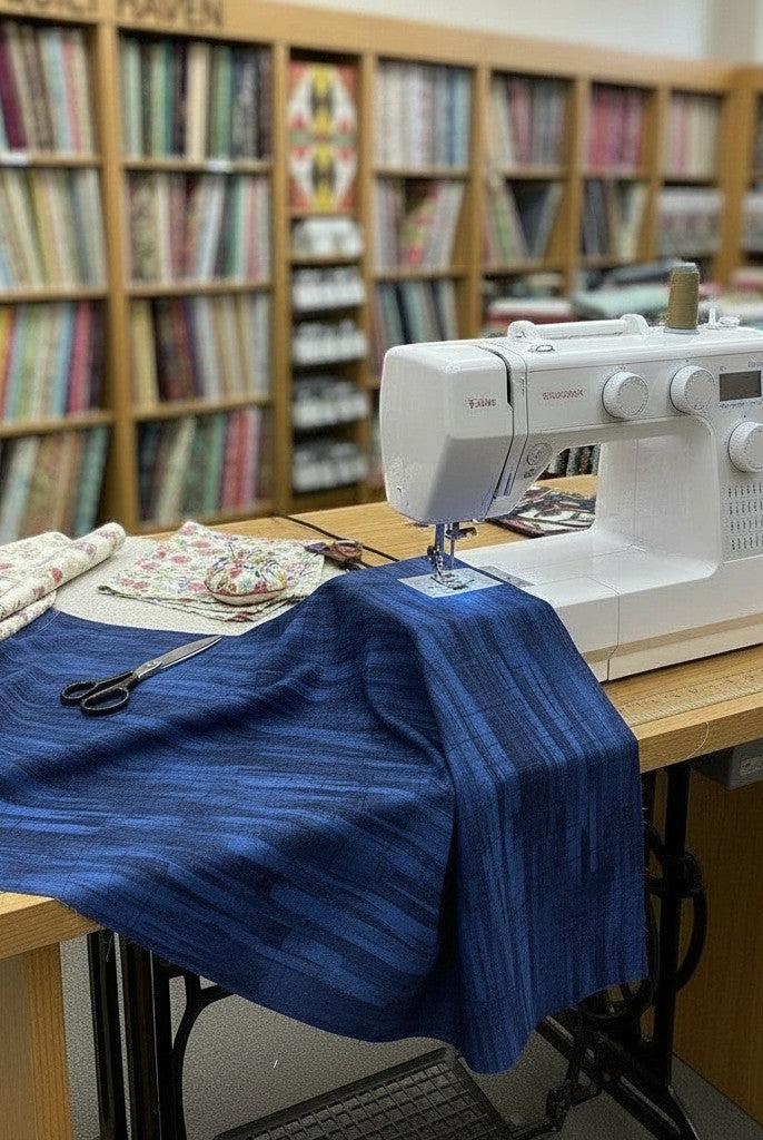 Carmon's Quilt Shop navy wood textured abstract cotton fabric being sewn on a machine in a quilt store