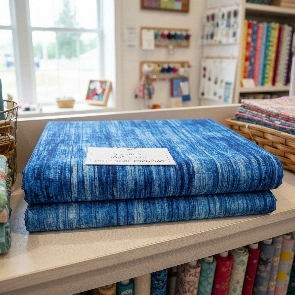 Carmon's Quilt Shop navy blue wood textured abstract cotton quilting fabric folded on a store shelf