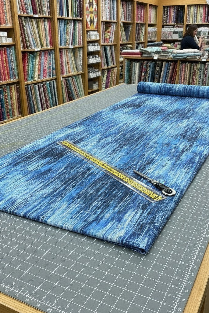 Carmon's Quilt Shop Panorama navy wood textured abstract cotton fabric on a cutting table in a fabric store