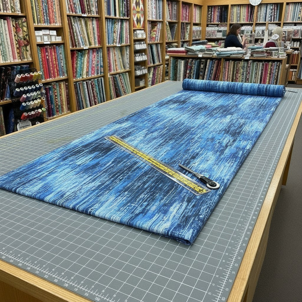Carmon's Quilt Shop Panorama navy wood textured abstract cotton fabric on a cutting table in a fabric store