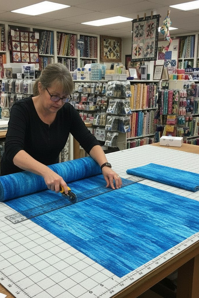 Carmon's Quilt Shop employee cutting navy blue wood textured abstract cotton fabric on a large cutting mat