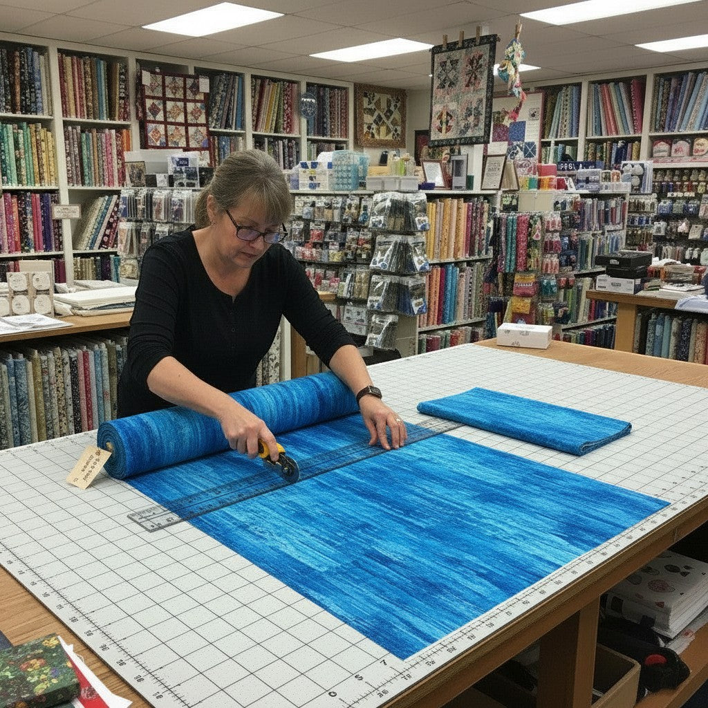 Carmon's Quilt Shop employee cutting navy blue wood textured abstract cotton fabric on a large cutting mat