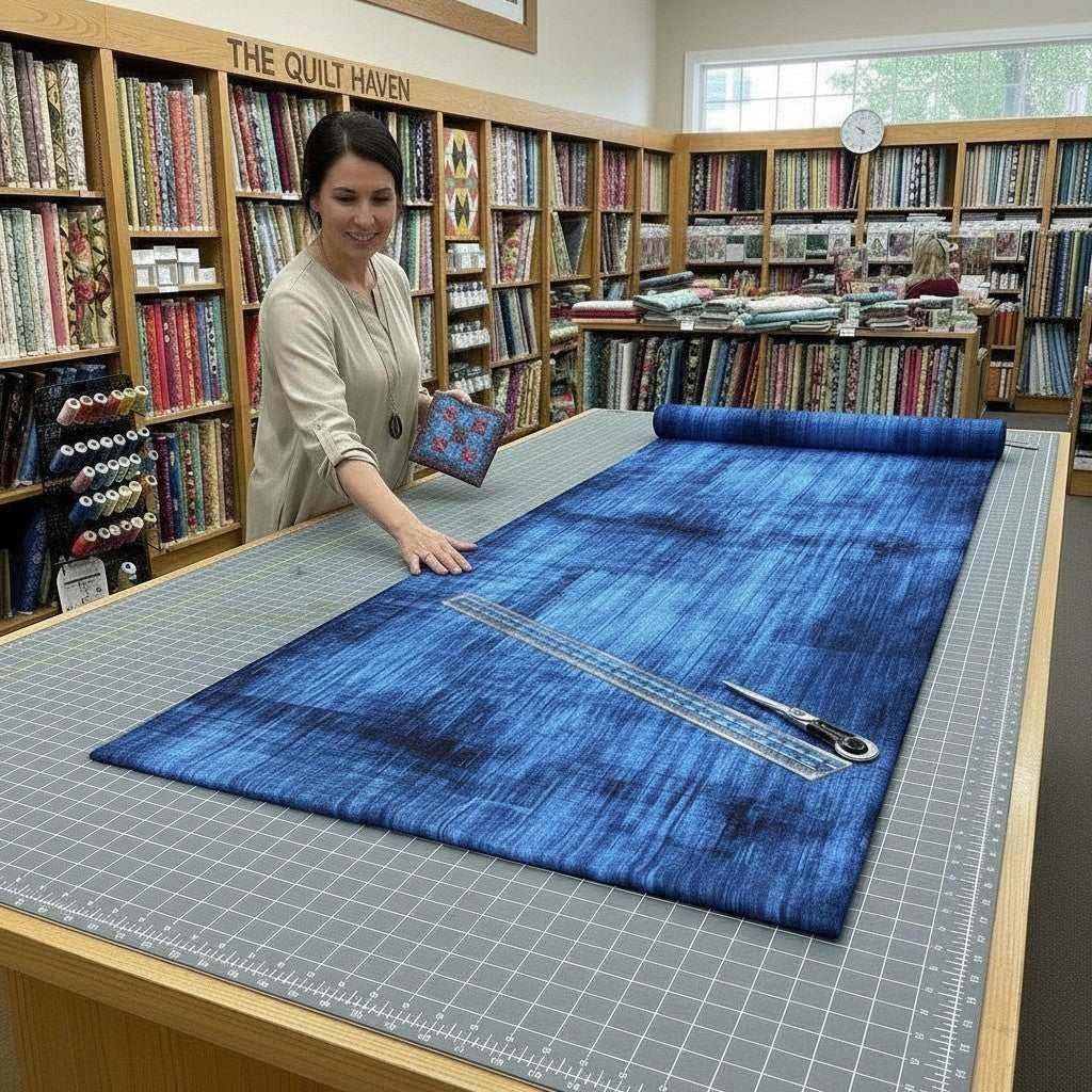 Carmon's Quilt Shop employee displaying navy blue wood textured cotton quilting fabric on a cutting table in a shop.