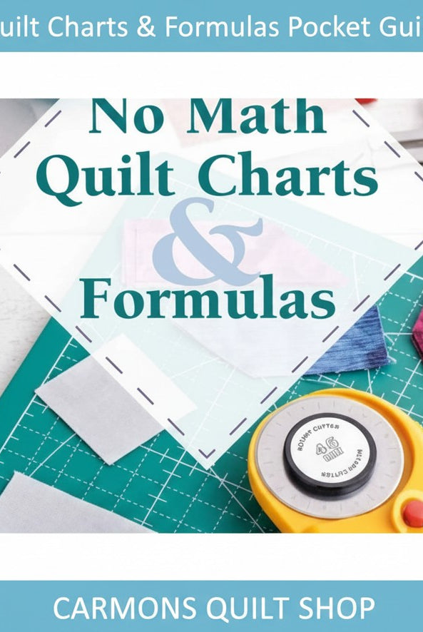 Carmon's Quilt Shop No Math Quilt Charts & Formulas pocket guide on a green cutting mat with quilting tools
