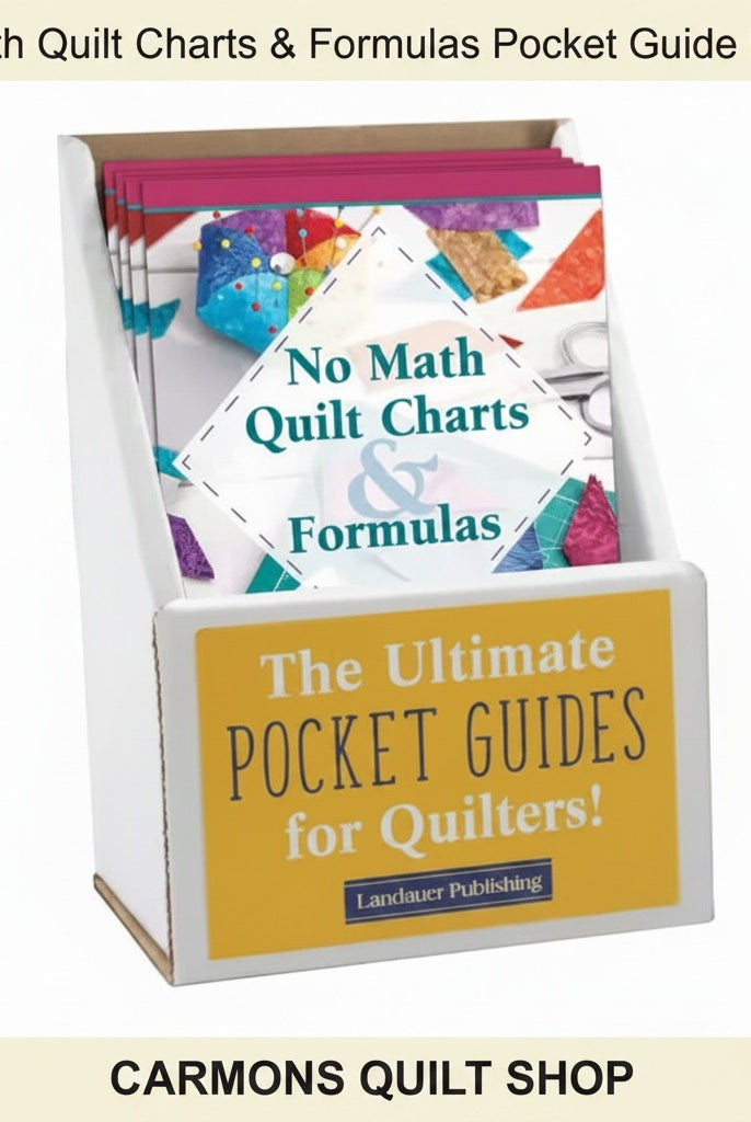 Carmon's Quilt Shop No Math Quilt Charts & Formulas pocket guide in a white display stand for easy reference.