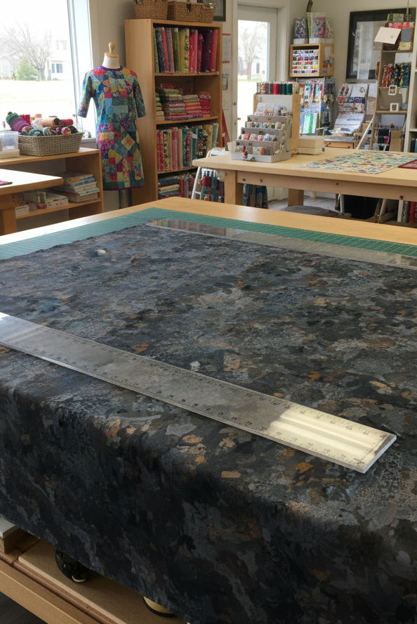 Carmon's Quilt Shop Chroma Obsidian Black 108-inch wide cotton backing fabric laid out on a quilting table