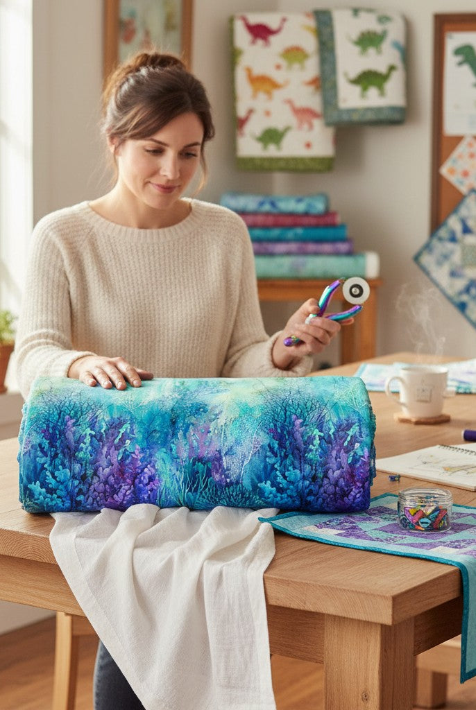 Carmon's Quilt Shop Ocean Depths wide backing fabric, 100% cotton, features coral reefs and aquatic flora in turquoise, teal, blue, and purple.