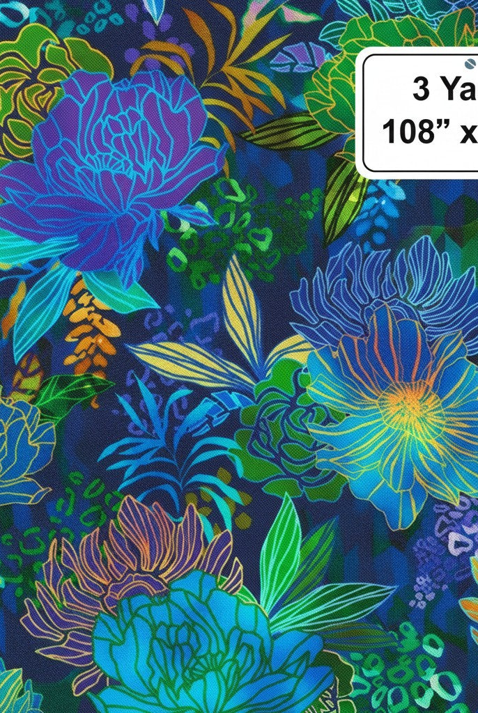 Carmon's Quilt Shop Ocean floral 100% cotton quilt backing fabric in vibrant blue and multi-colored tones.