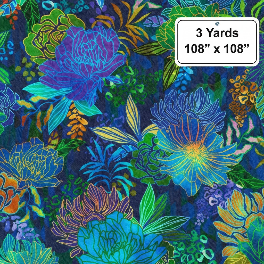 Carmon's Quilt Shop Ocean floral 100% cotton quilt backing fabric in vibrant blue and multi-colored tones.