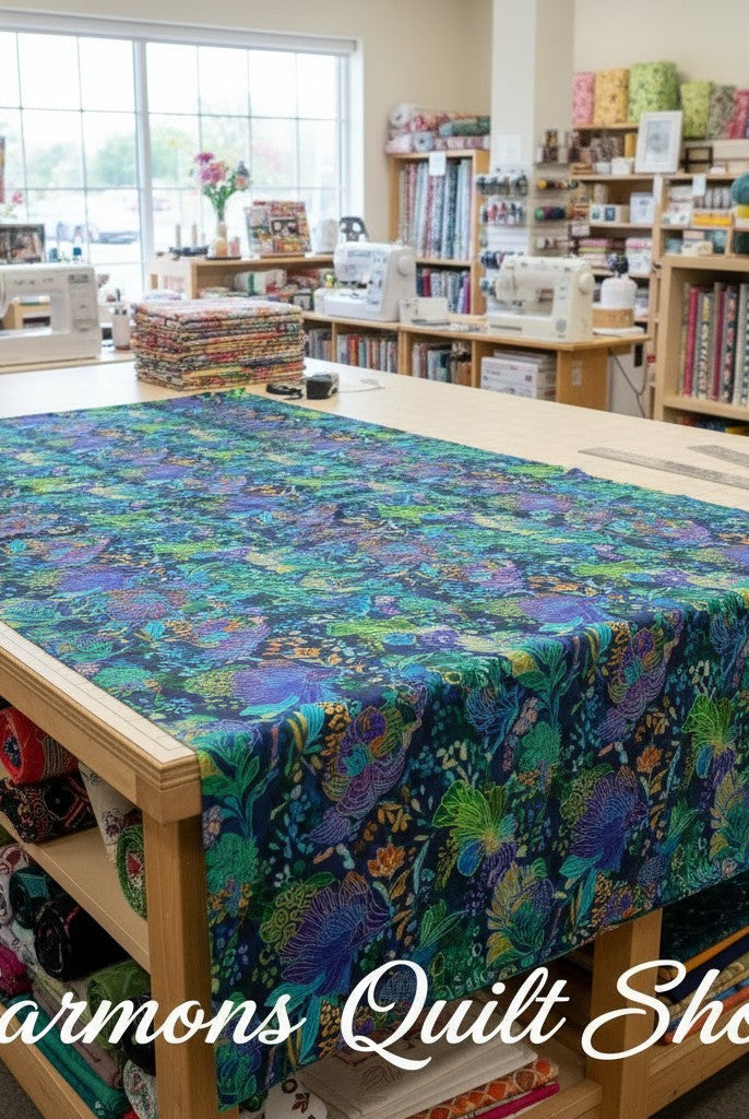 Carmon's Quilt Shop Ocean floral multi-colored 108-inch wide premium cotton quilt backing fabric on a cutting table.