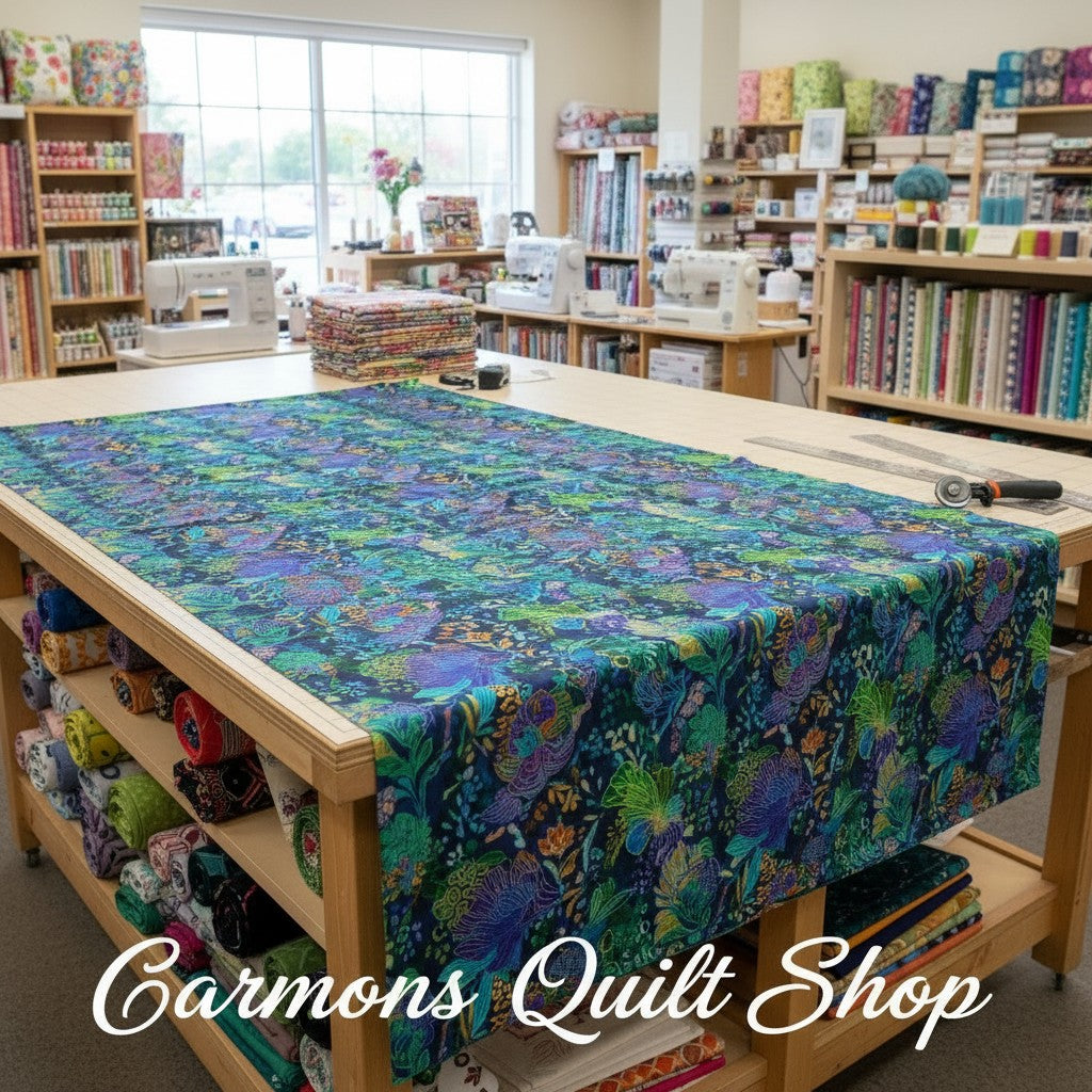 Carmon's Quilt Shop Ocean floral multi-colored 108-inch wide premium cotton quilt backing fabric on a cutting table.