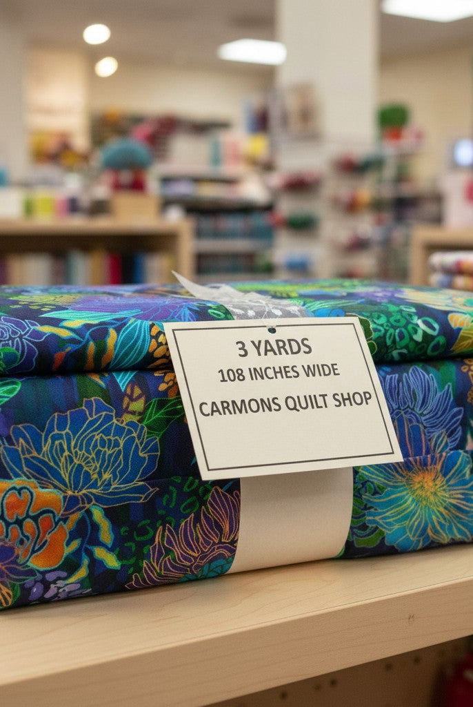 Carmon's Quilt Shop Ocean floral multi-colored 108-inch wide premium cotton quilt backing fabric folded on a shelf.