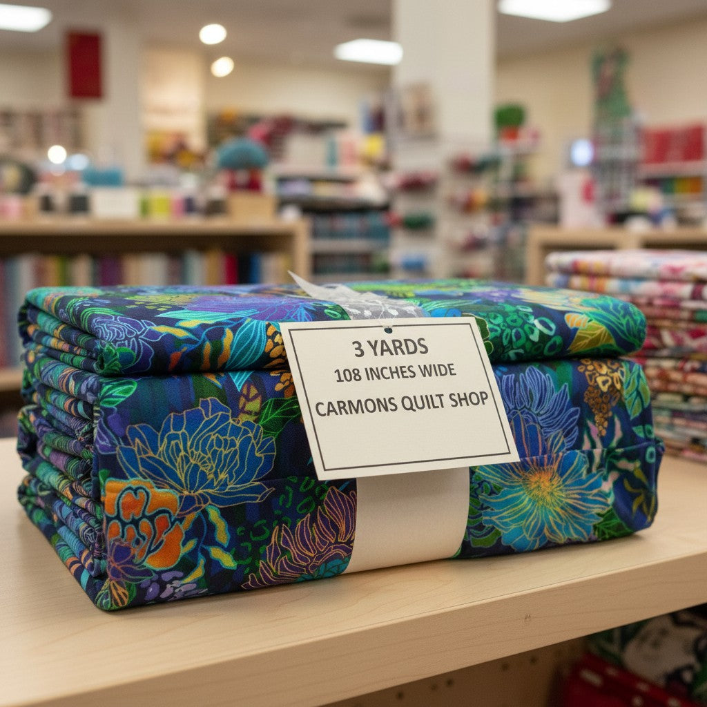 Carmon's Quilt Shop Ocean floral multi-colored 108-inch wide premium cotton quilt backing fabric folded on a shelf.