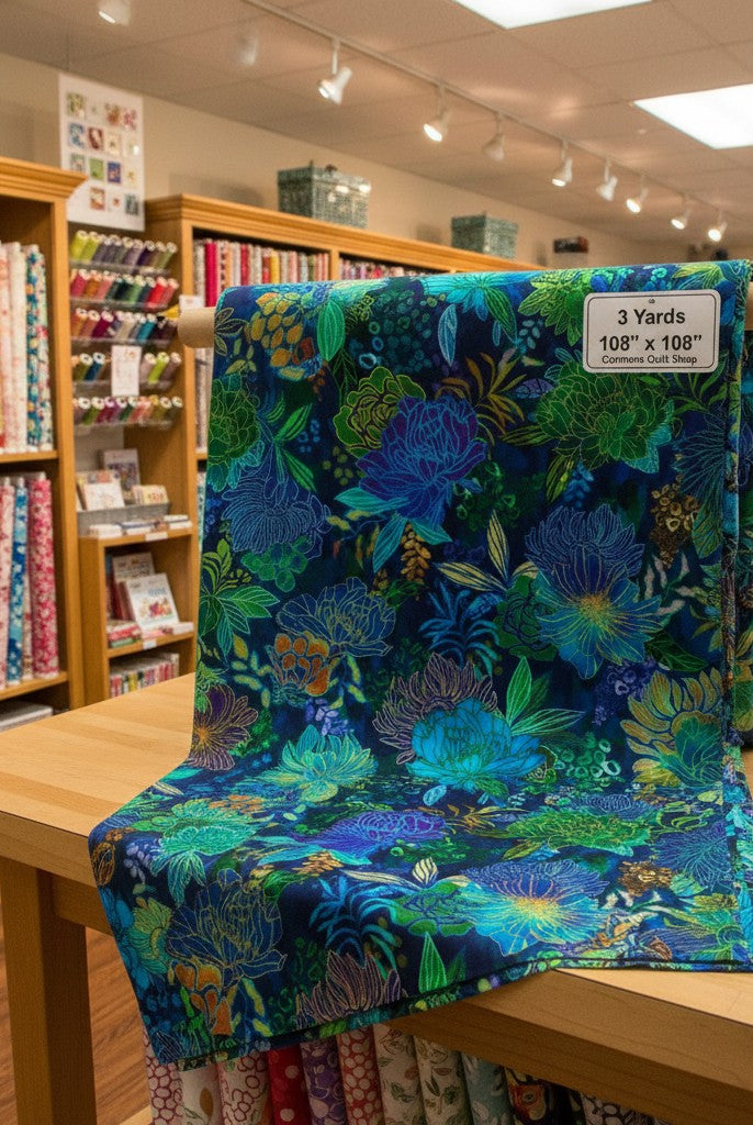 Carmon's Quilt Shop Ocean floral 108-inch wide cotton quilt backing fabric in vibrant blue and green tones.