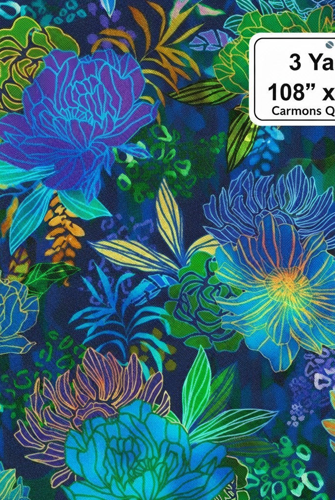 Carmon's Quilt Shop Ocean floral 100% cotton quilt backing fabric in vibrant blue and green tones