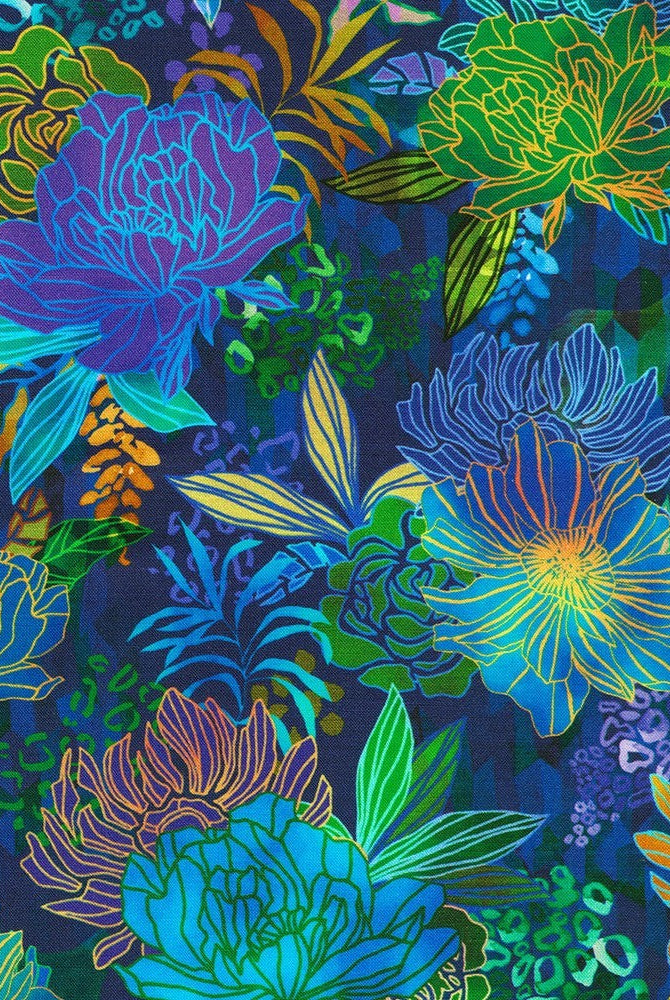 Carmon's Quilt Shop Ocean floral premium cotton quilt backing fabric with vibrant blue and green botanical patterns