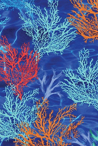 Carmon's Quilt Shop Oceana Coral 108 inch wide cotton fabric featuring orange and blue coral on a rippling ocean background