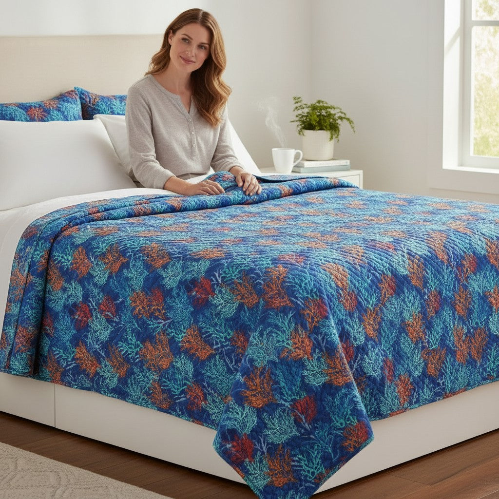 Carmon's Quilt Shop Oceana Coral 108 inch fabric quilt featuring orange and blue coral reef patterns on a blue bed