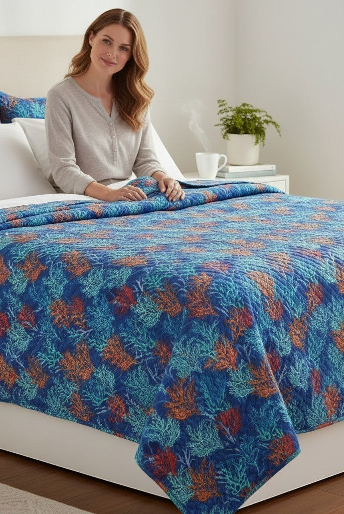 Carmon's Quilt Shop Oceana Coral 108 inch cotton fabric quilt with orange and blue reef print on a made bed