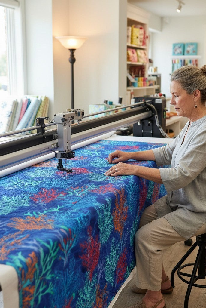 Woman using a longarm quilting machine on Carmon's Quilt Shop Oceana Coral fabric with vibrant reef patterns.