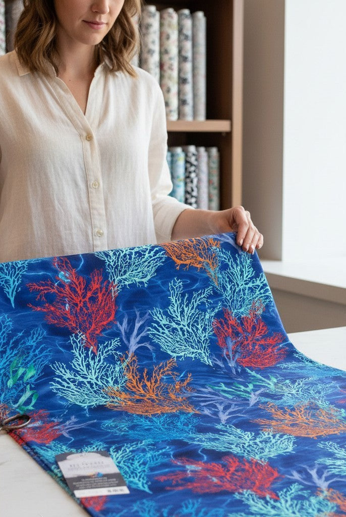 Carmon's Quilt Shop Oceana Coral 108 inch wide quilting fabric featuring orange and blue coral reef print on blue