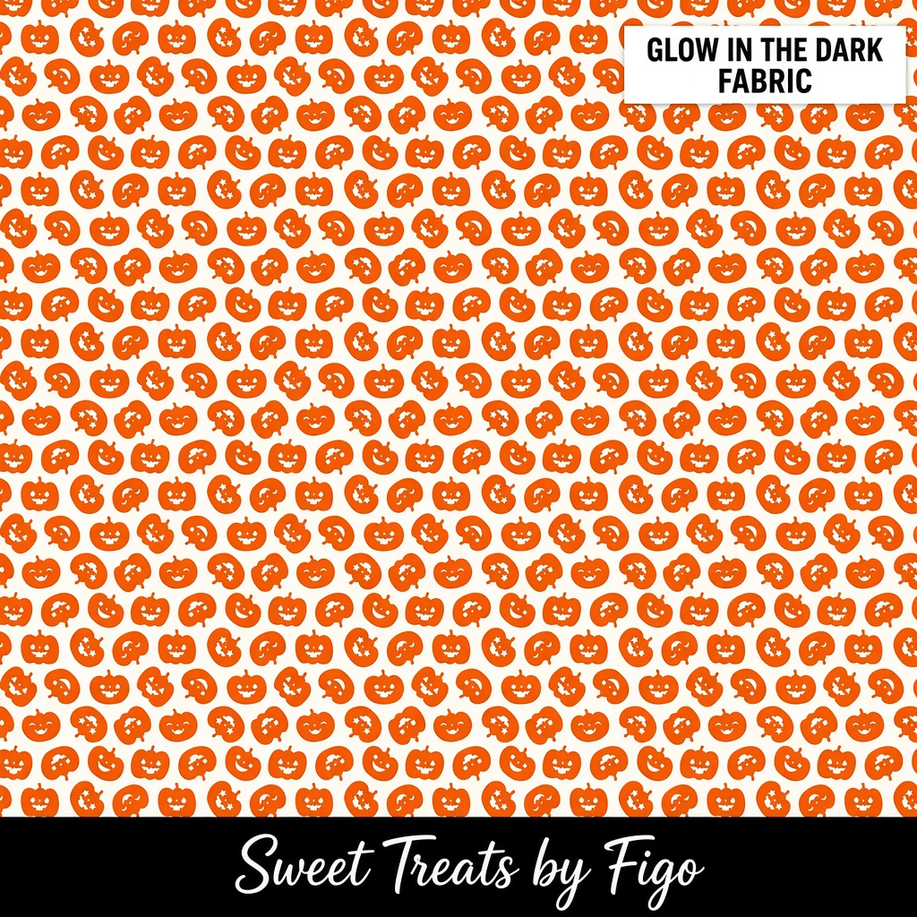 Carmon's Quilt Shop FIGO Fabrics Sweet Treat orange pumpkin cotton fabric with a glow-in-the-dark Halloween pattern.