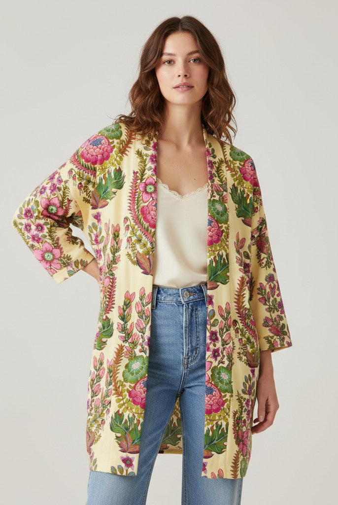 Carmon's Quilt Shop Outstretched Cream Backing 108" 100% cotton fabric with a vibrant floral pattern in pink, green, and blue.