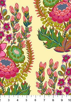 Carmon's Quilt Shop Outstretched Cream Backing 108" 100% cotton fabric with a vibrant floral pattern in pink, green, and blue.