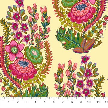 Carmon's Quilt Shop Outstretched Cream Backing 108" 100% cotton fabric with a vibrant floral pattern in pink, green, and blue.