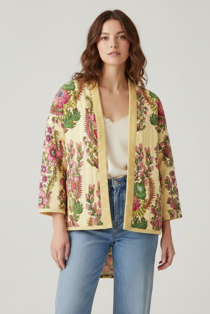 Carmon's Quilt Shop Outstretched Cream Backing 108" 100% cotton fabric with a vibrant floral pattern in pink, green, and cream.