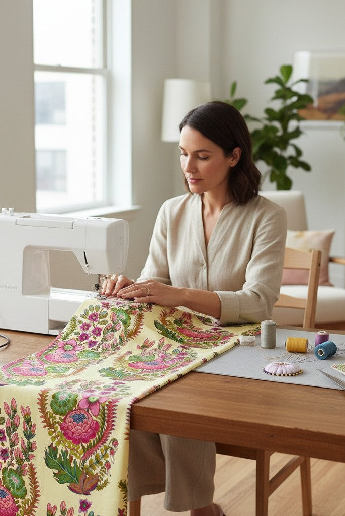 Carmon's Quilt Shop Outstretched Cream Backing 108" 100% cotton fabric with a vibrant floral pattern in pink, green, and blue.