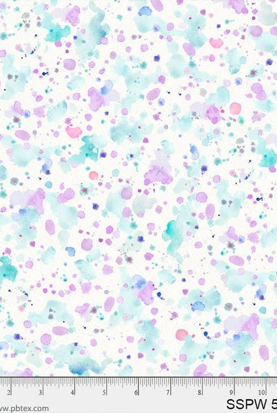 Carmon's Quilt Shop 108 inch wide cotton fabric with a colorful watercolor paint splatter design on white background