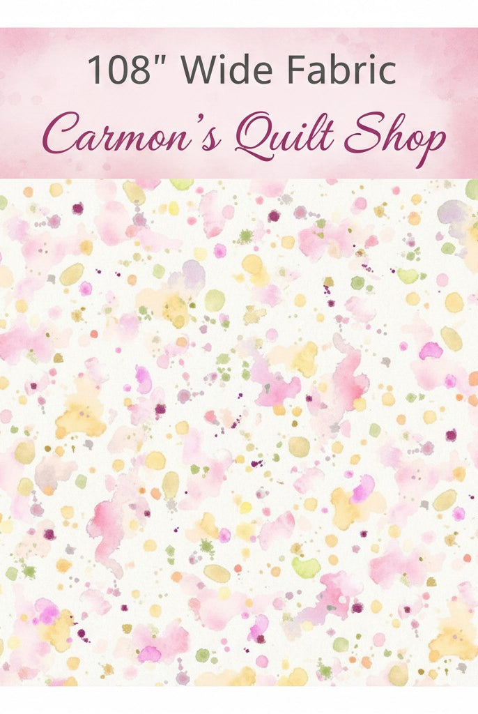 Carmon's Quilt Shop 108 inch wide cotton backing fabric featuring a colorful paint splatter design on white