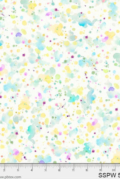 Carmon's Quilt Shop 108 inch wide cotton backing fabric with a colorful paint splatter pattern on a white background