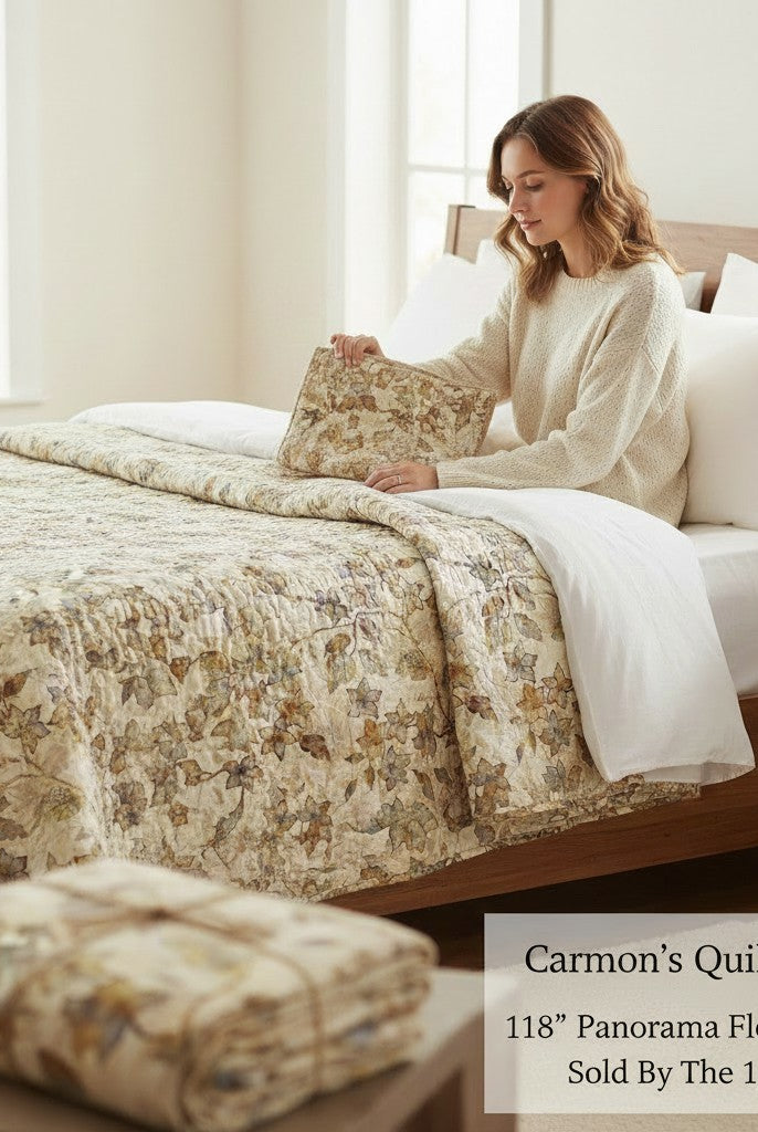 Carmon's Quilt Shop 118 inch wide Panorama tonal floral cotton fabric draped over a bed with a woman holding a swatch