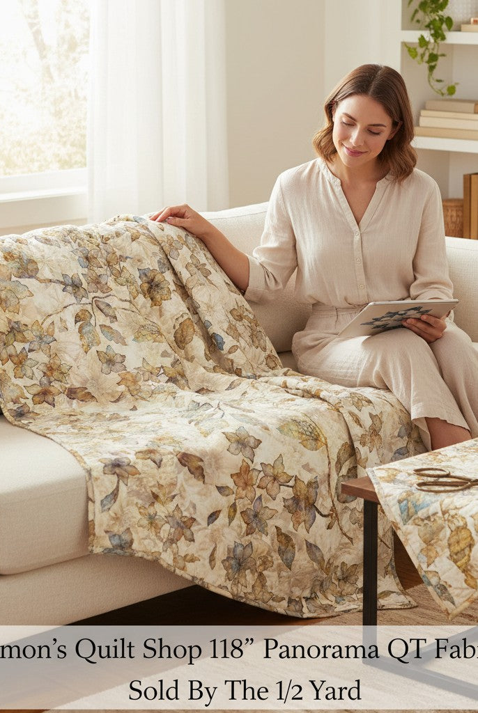 Carmon's Quilt Shop 118 inch wide Panorama tonal floral cotton fabric draped over a sofa with a woman sitting nearby