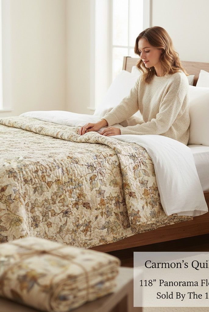 Carmon's Quilt Shop 118-inch wide Panorama tonal floral quilting cotton fabric draped over a bed with a woman.