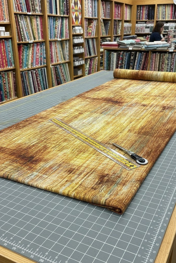 Carmon's Quilt Shop 118-inch wide Panorama Carmel wood textured cotton fabric with abstract grain pattern on a cutting mat