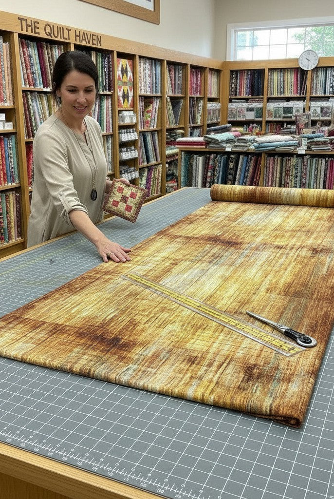 Carmon's Quilt Shop 118-inch wide Panorama wood textured cotton fabric in carmel brown on a cutting table with a quilter.
