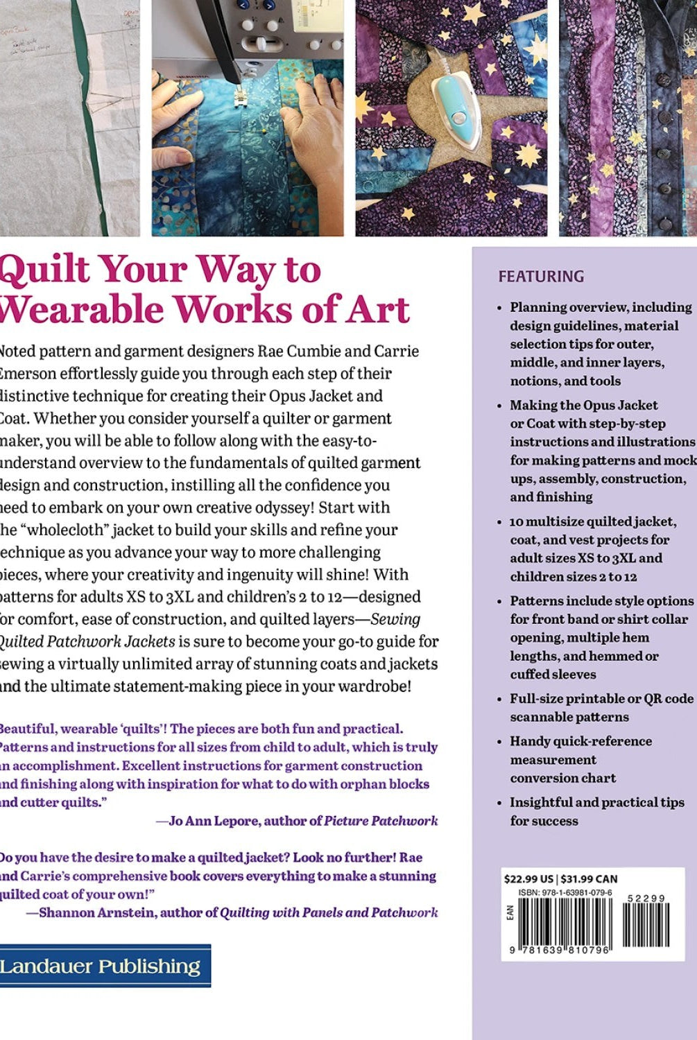 Back cover of Carmon's Quilt Shop Sewing Quilted Patchwork Jackets instructional book featuring project details.