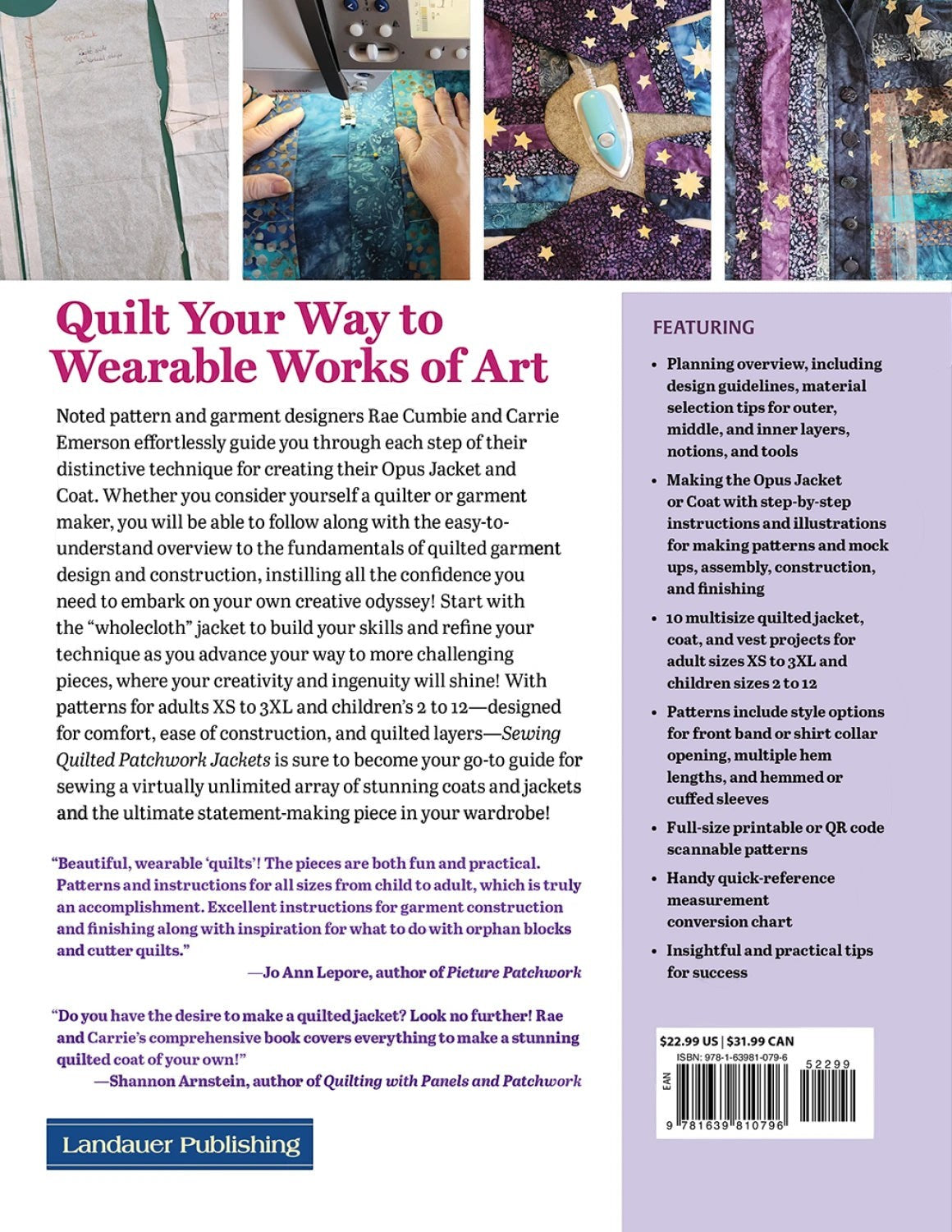 Back cover of Carmon's Quilt Shop Sewing Quilted Patchwork Jackets instructional book featuring project details.