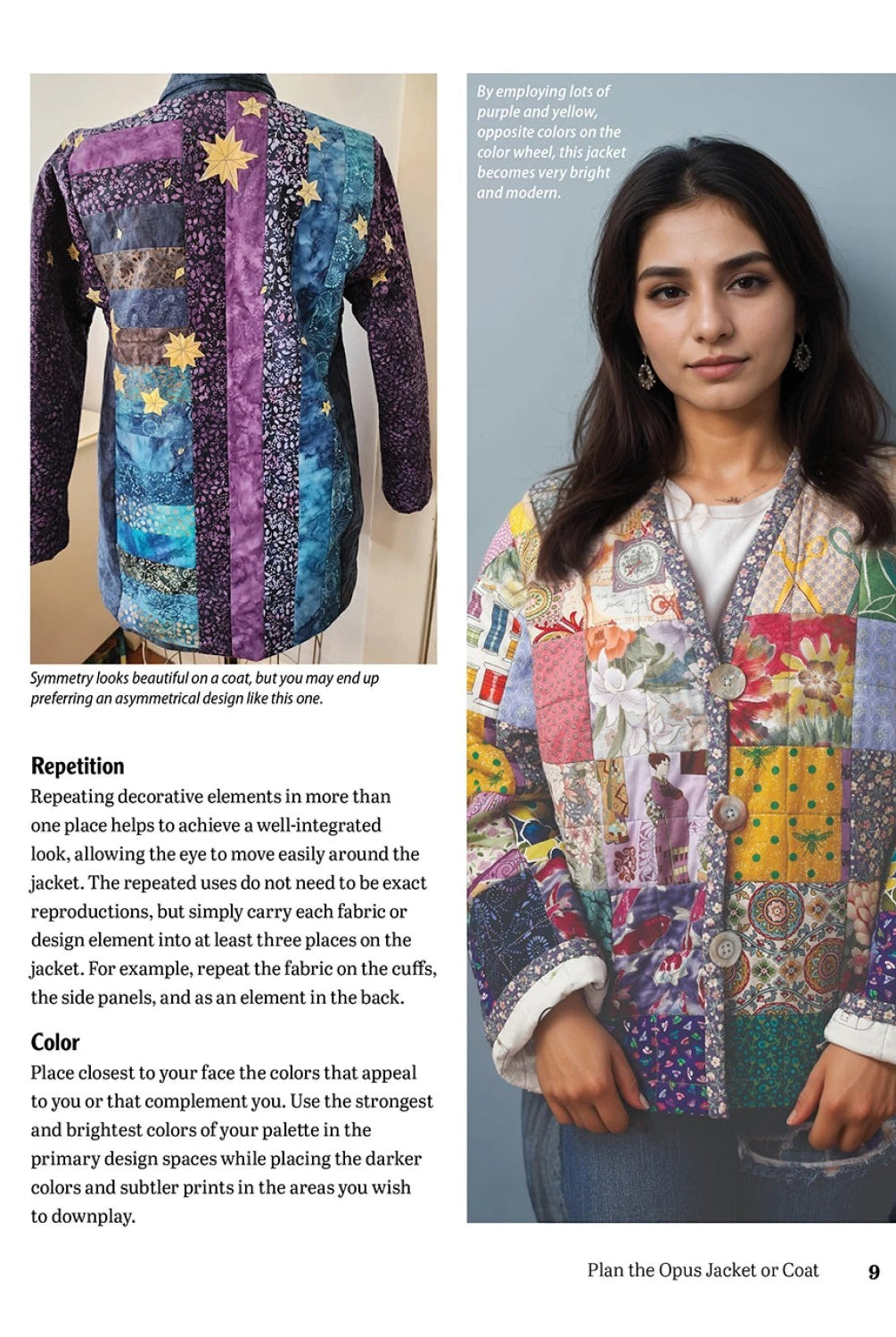Carmon's Quilt Shop instructional guide page showing a model wearing a colorful patchwork quilted jacket