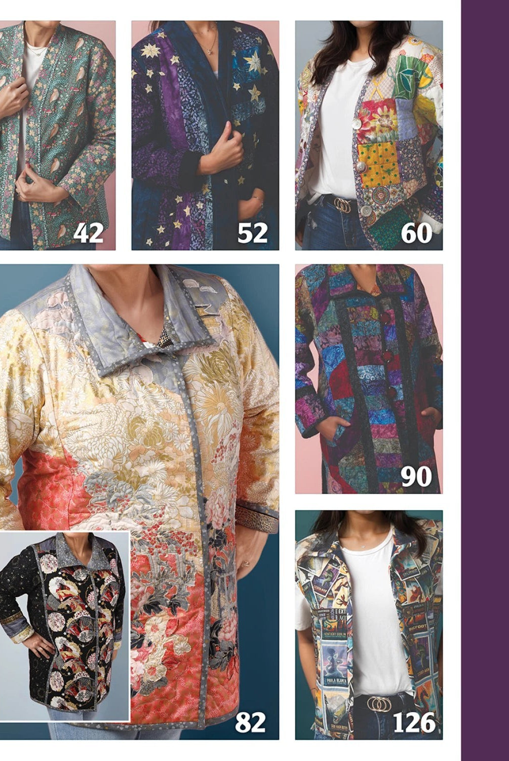 Carmon's Quilt Shop instructional guide showing various quilted patchwork jacket styles and patterns for sewists.